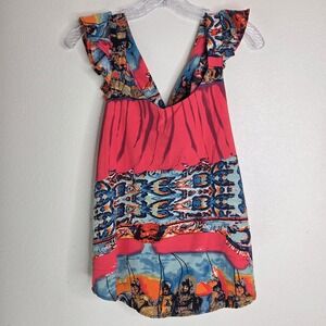 AQUARELLA‎ Top Small Red Ruffle Sleeve Abstract Warriors Art to Wear